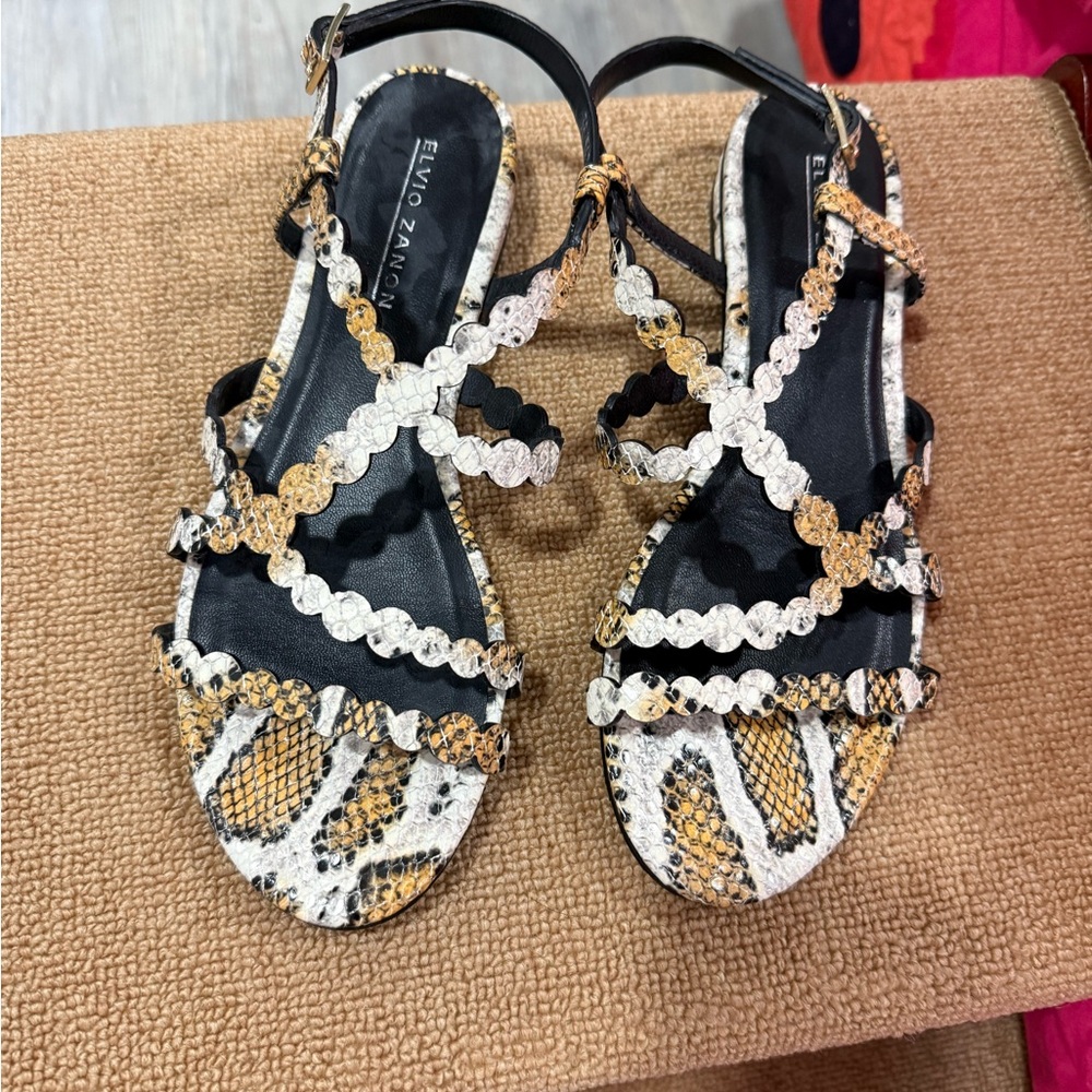 Women's Snake-Print Strappy Sandals in Black/Gold/White